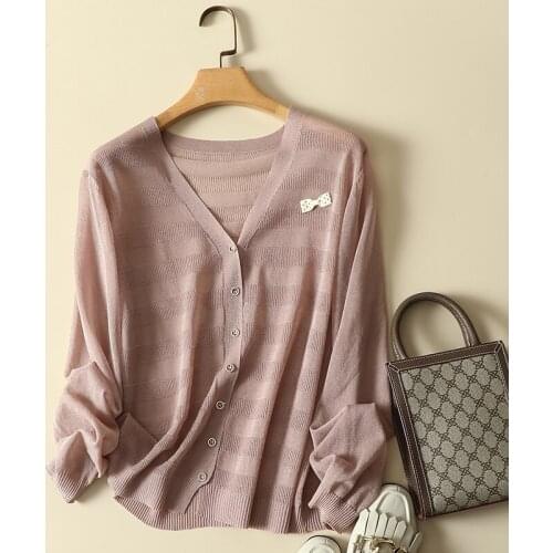 Thin Knitted Women Sweater Cardigan Autumn New 2021 V-Neck Button Long-Sleeved Loose Striped Female Outwear Coats Tops