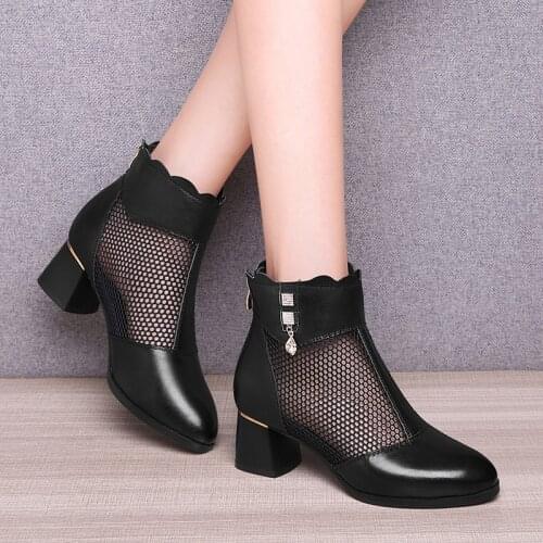 Pointed toe shoes mid-heel 2021 spring summer new mesh sandals womens shoes high heels thick heel hollow Genuine leather shoes
