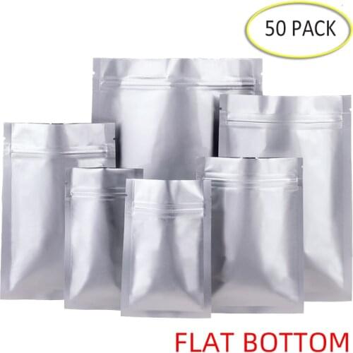 50PCS Aluminum Foil Flat Bottom Ziplock Bags Thick Food Storage Bag Vacuum Sealer Food Packaging Tea Avoid light Proof