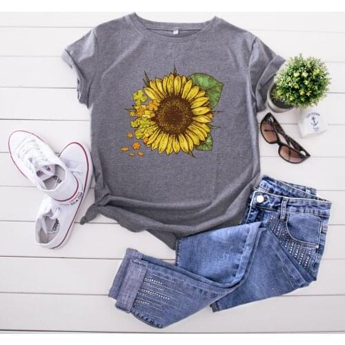 Womens T-shirts Lady Fashion Short Sleeve Clothes Summer Shirt Top Tee O Neck Female Ladies Womens Tee T-Shirt Sunflower Print