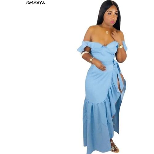 New women summer off shoulder plunging v-neck crop top high side split ruffles splicing maxi skirt two piece set dress GLHMS5232