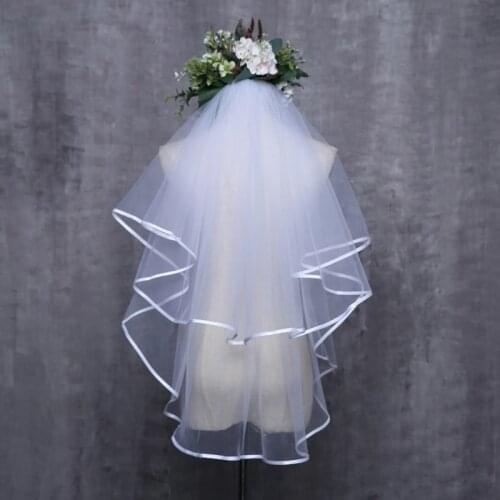 Women Wedding Dress Veil Two Layers Tulle Ribbon Edge Bridal Veils Accessories
