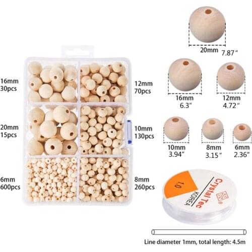 1105Pcs 6 Sizes Wooden Beads Natural Round Wood Beads Kit Jewelry Craft Making