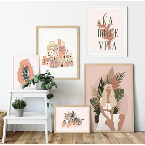 Abstract Fashion Vintage Girl Tiger Plant Wall Art Canvas Painting Nordic Posters And Prints Wall Pictures For Living Room Decor