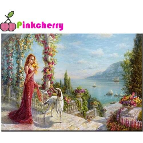 DIY Diamond Embroidery European beauty and dog landscape 5D Square round Diamond animal Diamond Painting Cross Stitch k1321