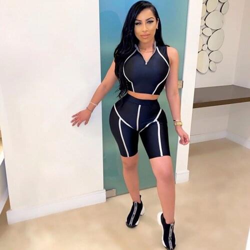 White Striped Fitness Sporty Tracksuit Women Two Piece Set Sleeveless Crop Top Biker Shorts Sweat Suit Casual 2 Piece Outfits
