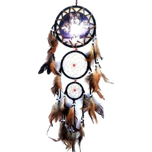 Indian Wolf Dream Catcher with Brown Feathers Dreamcatcher Bead Beautiful Home Hanging Decoration Fashion Handmade Ornament Gift