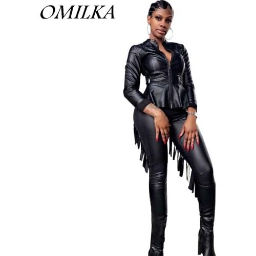 OMILKA Faux Leather Zipper Jacket and Long Pant Set 2018 Autumn Winter Women Long Sleeve Tassel Club Party 2 Piece Tracksuit Set