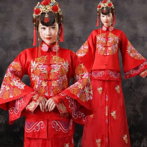 Chinese Style Red Wedding Dresses Women Bride Dress Chinese Folk Costume Female Tang Suit Tops + Skirt Chinese Movie Costume 16