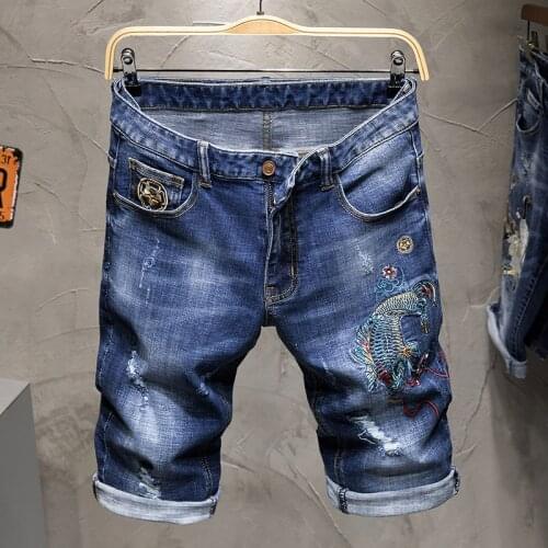 Summer Mens Thin Denim Shorts Embroidery Knee Length Straight Casual J35
