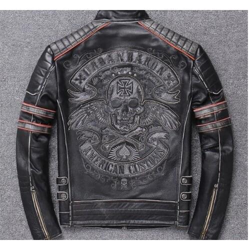 Free shipping.DHL sales New Brand plus size black men skull leather Jackets mens genuine Leather biker jacket.motorbiker coat