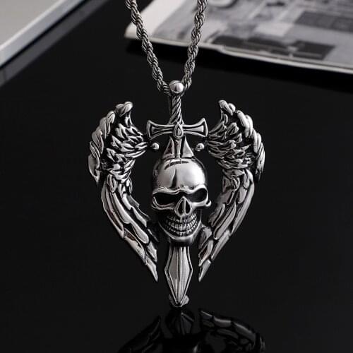 Punk Retro Skull Sword Wings Pendant Domineer Personality Men Titanium Steel Jewelry