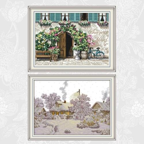 Gate Courtyard Cross Stitch Kits DIY Handwork Beginner Embroidery 14CT 11CT Printed on Canvas Winter Village Needlework Crafts