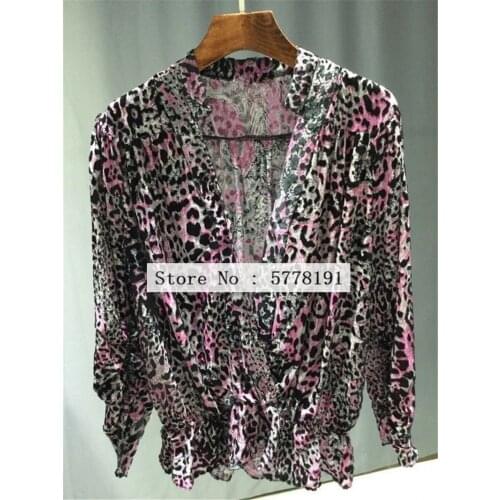 New arrive Woman shirts Red Black Leopard Velvet Jacquard Blouse V-neck Long Sleeves Tops