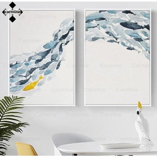 Shoal of Fish Poster On Canvas Sky Blue Print Picture Modern Style Wall Art Canvas Painting for Living Room Decoration Frameless