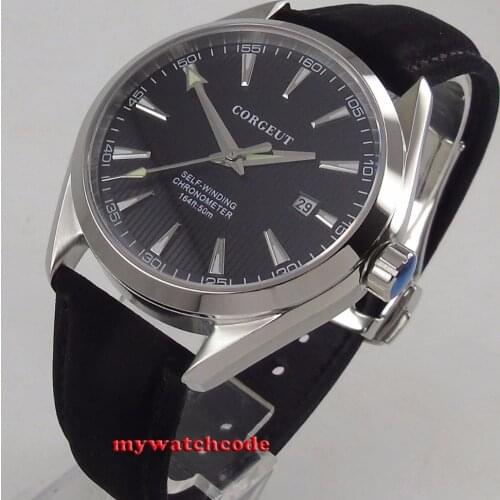 Polished 41mm Corgeut Black Dial Date Sapphire Glass Seagull 1612 NH35 Miyota 8215 Automatic Mens Watch Leather Strap C134