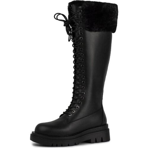 Genuine Leather Winter Snow Boots Women Platform Lace-Up Warm Knee High Boots Punk Heels INS Chelsea Boots Female Top Quality