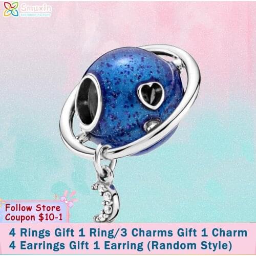 Smuxin 925 Sterling Silver Beads Planet Love & Moon Charm fit Original Pandora Bracelets for Women Jewelry Making Birthday Gift
