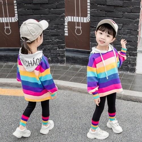 New Fashion Toddler Kids Baby Girls Clothes Set Striped Sweatshirt Long Pants Baby Outfits Rainbow Hooded Long Sleeve