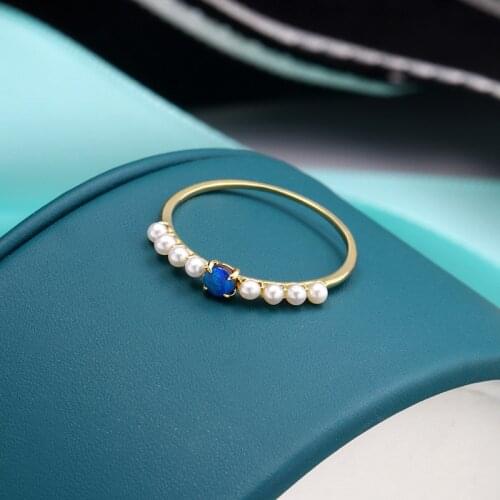 UBESTNICE Original Design 9K Yellow Gold Noble Natural Blue Opal Trendy Rings Fine Jewelry White Pearls Ring For Women All-match