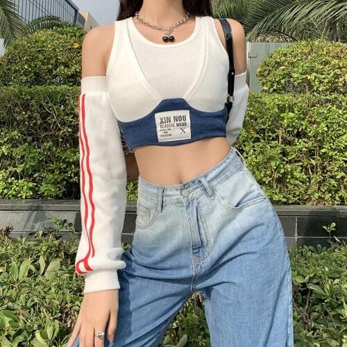 VIMIMI 2021 Spring/Summer New Sports And Leisure Style Off-Shoulder And Navel Short-Length Long-Sleeved Vest Womens Top