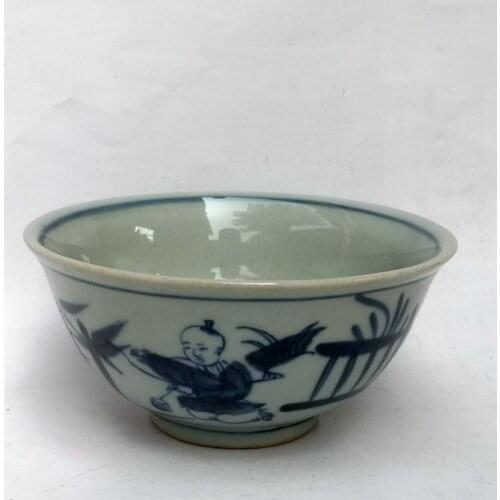 YIZHU CULTUER ART Collection China Old blue-and-white Porcelain Painting Boy Bowl Dish Decoration