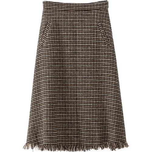 PERHAPS U Khaki Plaid Faux Woolen Knee Length A-line Skirt Tassel Zipper Vintage Elegant Fall Winter S0289
