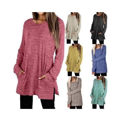 T Shirt Women 2021 New Fashion Hot Style Round Neck Long Sleeve Pockets Casual Long Fleece t-shirt YDJR9973