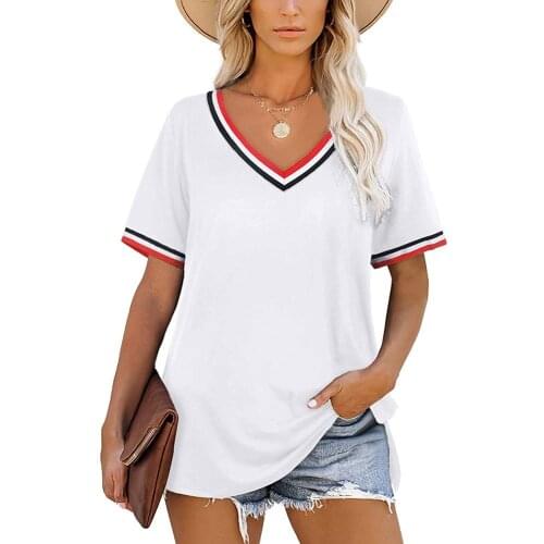 Stripe Patchwork Summer Fashion Tshirt Women V-neck Short Sleeve Soft Cotton T Shirt 2021Casual Loose Micro Split Tops for Teens