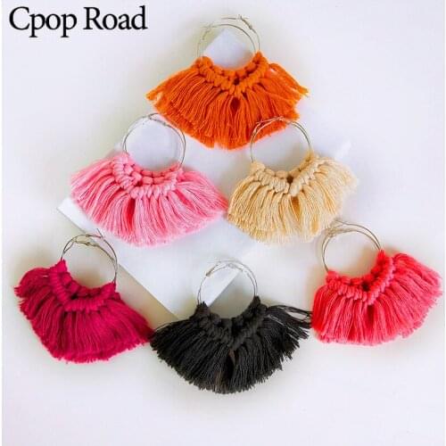 Cpop 6 Colors Cotton Thread Handmade Weave Macrame Earring Colorful Fan Long Tassels Pendant Earring Fashion Jewelry Accessories