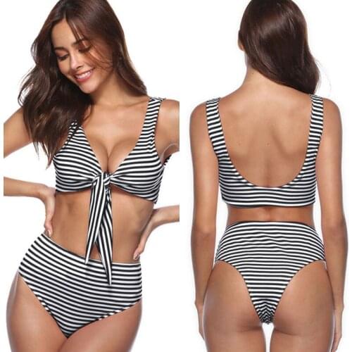 Women Bikini Set Red Black Striped Bathing Suit Knot Bra High Waist Bottoms Swimsuit Swimwear Sexy Female Bikinis Beachwear