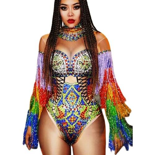 Multi-Color Tassel Long Sleeve Women Bodysuits Mesh Perspective Personality Tight Stretch Jumpsuits Nightclub Party Costumes