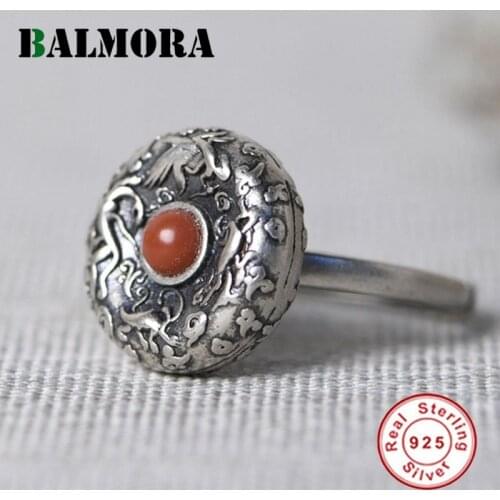 BALMORA 100% Real 925 Sterling Silver Rotating Rings For Women Lady Carnelian Ring Red Agate Finger Ring Vintage Jewellery Gift
