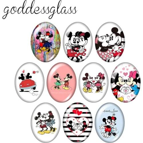 Disney Mickey Minnie Love Cute 10pcs mixed 13x18mm/18x25mm/30x40mm Oval photo glass cabochon flat back bracelets Making findings