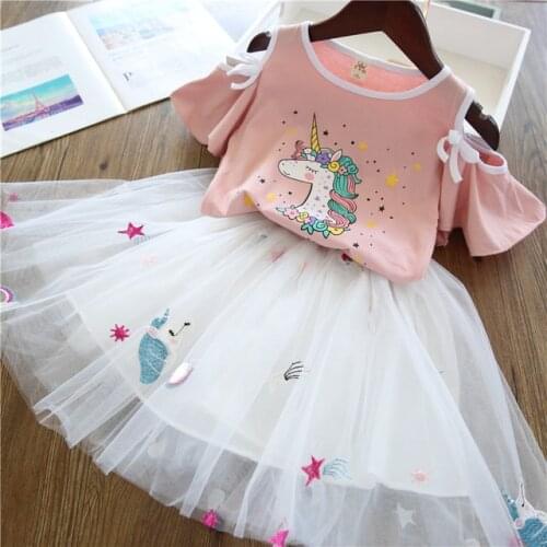 Unicorn Dress Girls Clothing Sets Summer Fashion Style Cartoon Unicorn Printed T-Shirts+Pink Dress 2Pcs Girls Clothes Sets