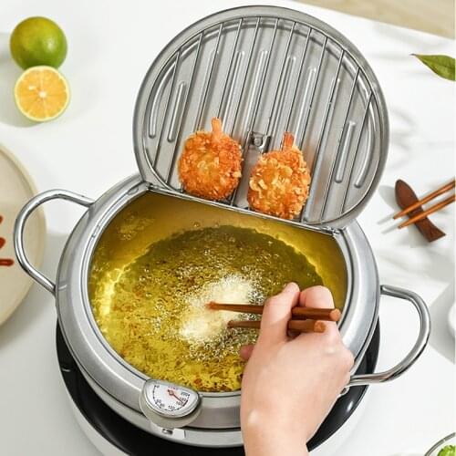 20cm Japanese Deep Frying Pot With Cover 304 Stainless Steel Chicken French Fries Fish Shrimp Household Kitchen Oil Frying Pan