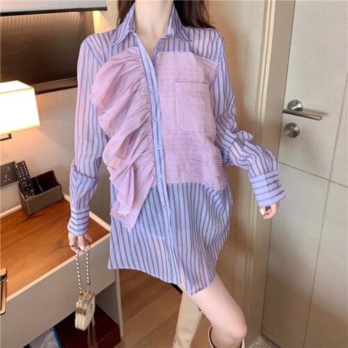 2020 autumn design sense niche striped shirt women stitching ruffled new shirt personality fashion