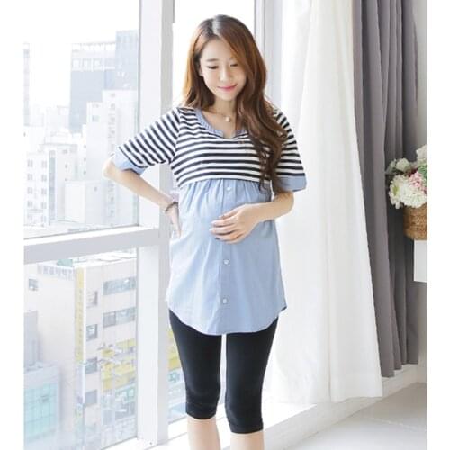 8178# Summer Thin Strip Patchwork Maternity Nursing Blouses Ties Waist Slim Breastfeeding Shirt for Pregnant Women Pregnancy Top