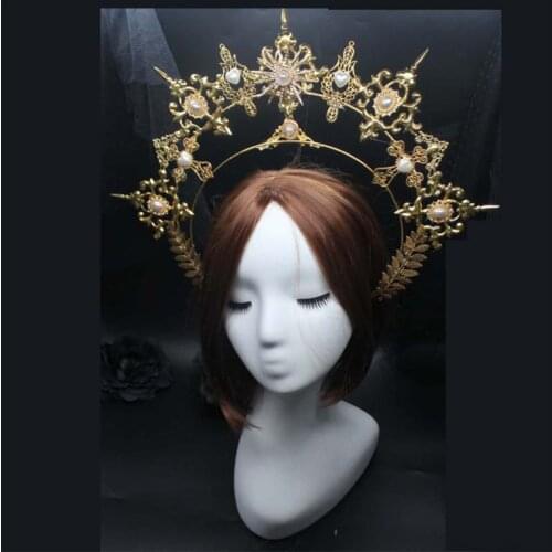 Vintage Lolita Jewelry Accessories Embossed Halo Crown Pearl Beaded Chain Headband Metal Tiara DIY Material Package