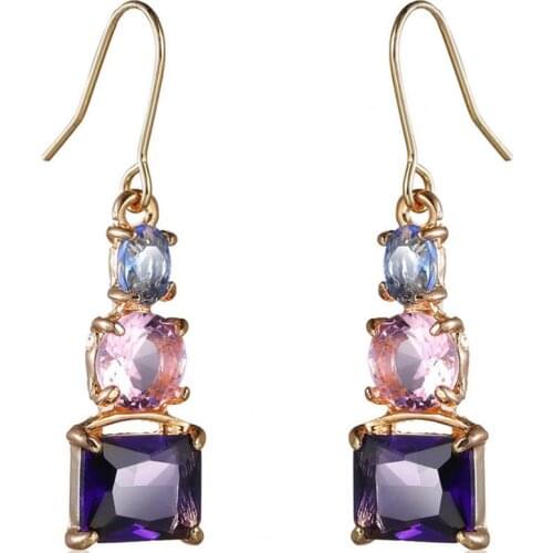 Exquisite Square Purple Cut Zircon Drop Earrings Korean Fashion Golden Pink Blue Crystal Stone Statement Dangle Earring