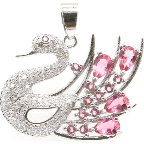 31x30mm 2020 New Arrival Swan Shape Created Pink Tourmaline White CZ Gift For Mother Silver Pendant