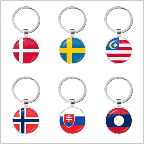 Malaysia, Laos, Denmark, Norway, Sweden, Slovakia National Flag Keychain 25mm Glass Cabochon Key Rings For Women Men Gift