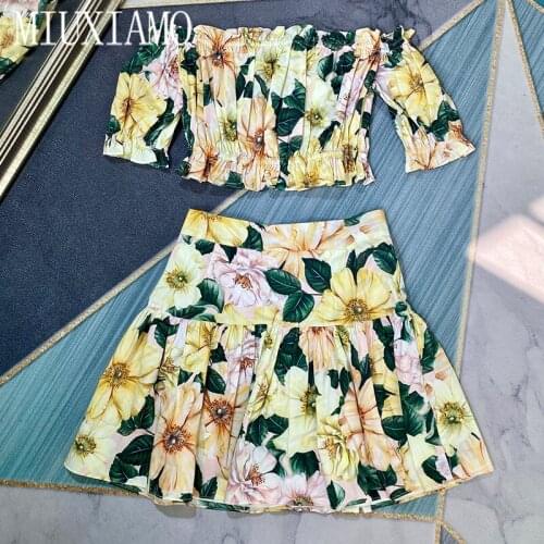 MIUXIMAO Best Quality 2021 Office Lady Spring Cotton Twinset Elegant Half Sleeve Top Luxury Flower Print Suits Women Vestido