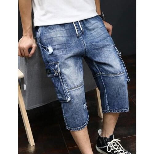 2021 Summer New Men Jeans Cargo Shorts Fashion Casual Elasticated Waist Stretch Big Pocket Cropped Jean Male Brand