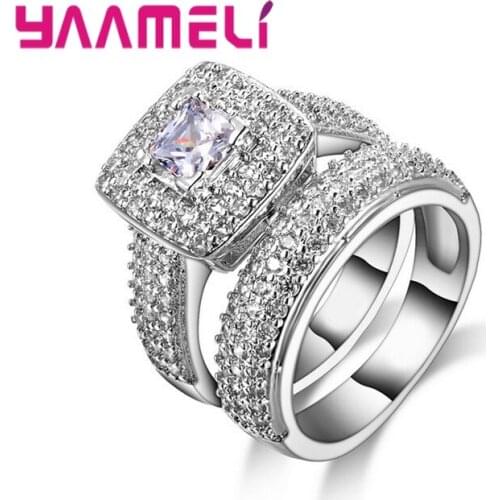 Trendy Luxury 925 Sterling Silver Wedding Ring Set Band for Bridal Girls and Women Lady Love Couple Pair Jewelry Full CZ Crystal