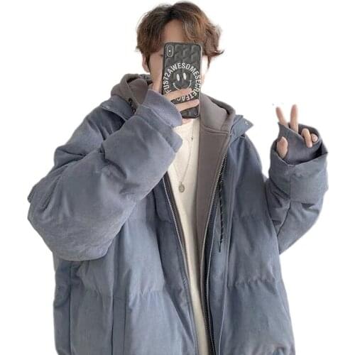 Winter new fake two-piece cotton clothing mens Korean version of the trend loose hoodie thickened warm cotton clothing jacket