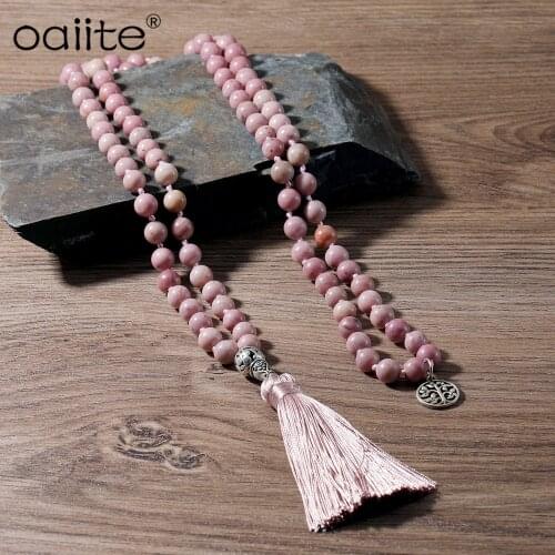 OAIITE 108 Mala Prayer Meditation Yoga Necklace Women Men Hand Knotted Natural Stone Bead Tassel Strand Necklace