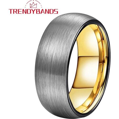 8MM Tungsten Carbide Wedding Band Rings Gold For Men Women Domed Top Brushed Finish Comfort Fit