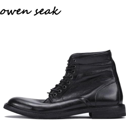 Owen Seak Men Casual Shoes High-TOP Ankle Riding Boots Retro Genuine Leather Sneakers Luxury Trainers Boots Flat Black Shoes