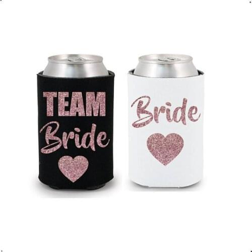 Personalize ROSE gold Glitter wedding TEAM BRIDE Drink Coolers Bachelorette Survival Kit Hen night Bottle Can Holders
